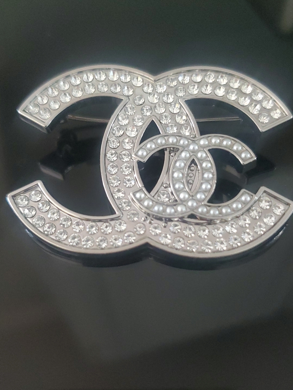 CHANEL Silver Crystal & Pearl Brooch